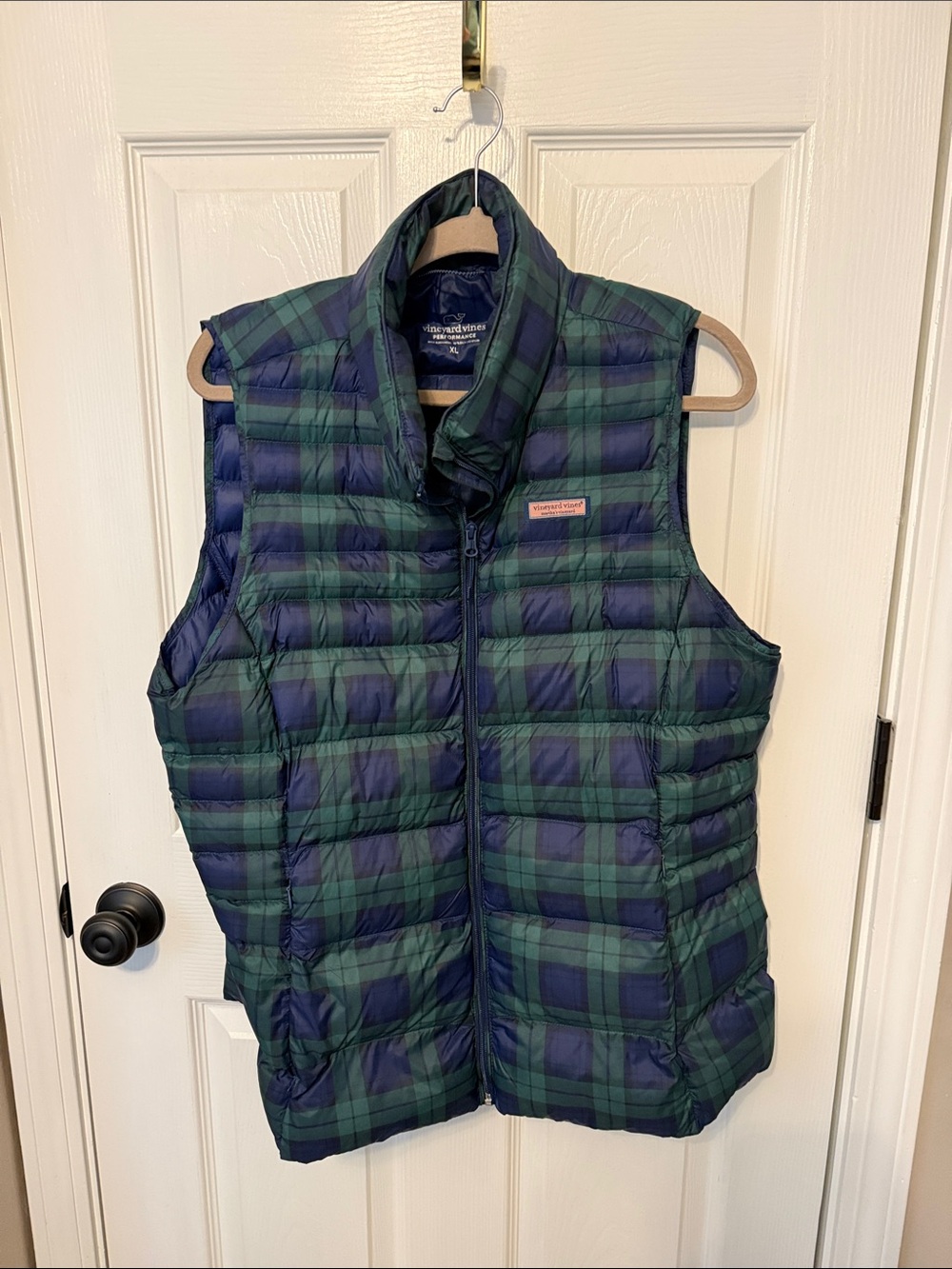 Women’s Vineyard Vines Navy and Green Quilted Plaid Puffer Vest